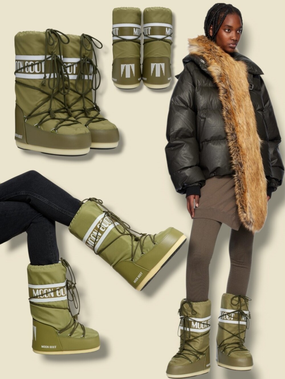 NEW💚🤍 Moon Boot/Tecnica Icon Nylon Logo Printed Lace-Up Tall Boots Khaki Green